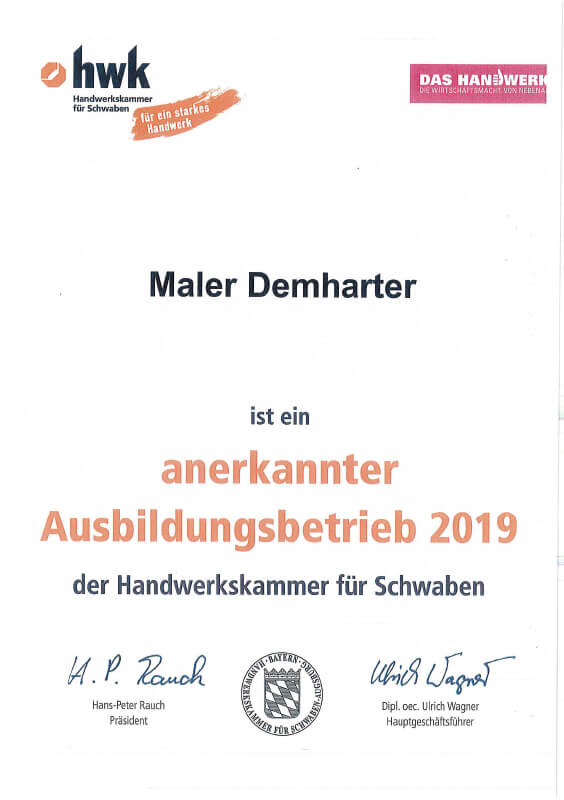 Maler Demharter Malerfachbetrieb Zertifikat hwk Schwaben anerkannter Ausbildungsbetrieb 2019