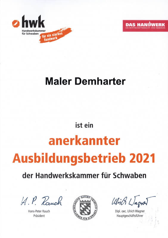 Maler Demharter Malerfachbetrieb Zertifikat hwk Schwaben anerkannter Ausbildungsbetrieb 2021