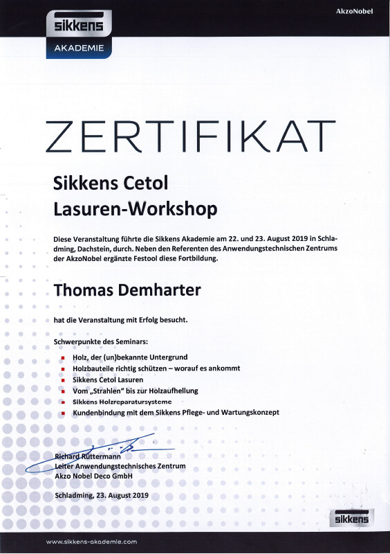 Maler Thomas Demharter Malerfachbetrieb Zertifikat Sikkens Cetol Lasuren-Workshop