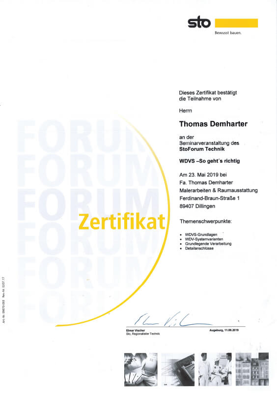 Maler Demharter Malerfachbetrieb Zertifikat sto WDVS Seminar 2019