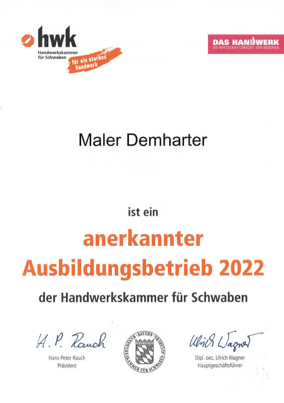 Maler Demahrter Zertifikat Ausbildungsbetrieb 2022